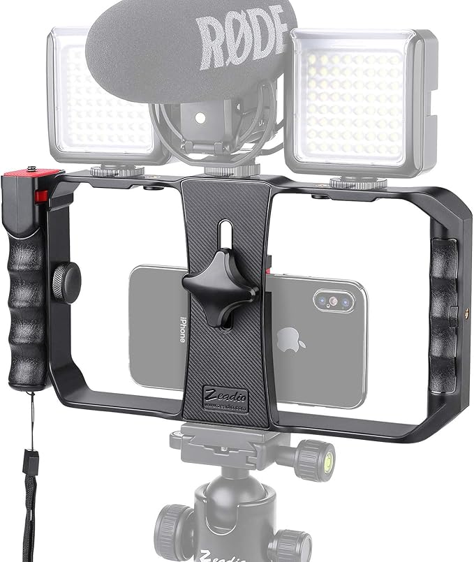 Zeadio Smartphone Video Cage Rig, Filmmaking Vlogging Case, Phone Stabilizer Tripod Mount with Wireless Remote Shutter Fits for All iPhone and Android Smartphones