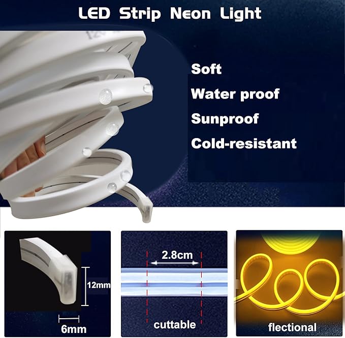 16.4ft LED Neon Rope Lights, 12V RGB Color Changing Strip Lights with APP & Remote Control, IP67 Waterproof Music Sync Light Strip for Bedroom, Gaming Room, Outdoor, Party Decor