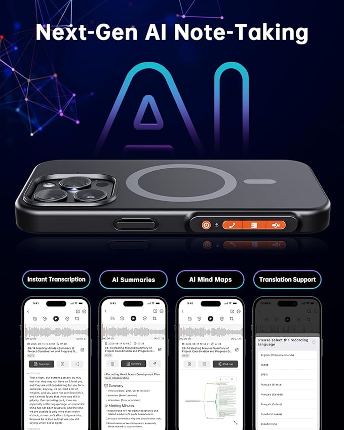 Yorlu AI Voice Recorder, AI Recorder Phone Case with Transcribe＆Summarize, AI Noise Cancellation, Support 80+ Languages, Record Anytime Anywhere for Meetings, Work, Lectures