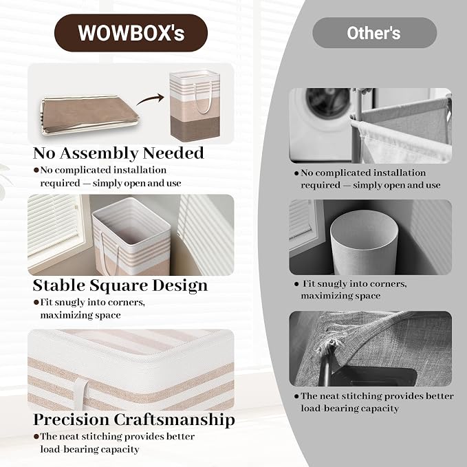 WOWBOX 2 Pack Laundry Baskets, Laundry Hampers, Freestanding Dirty Clothes Hampers with Reinforced Handles & Cross Stitch & Waterproof Coating, for Laundry Bedroom Bathroom Dorm,75L Khaki