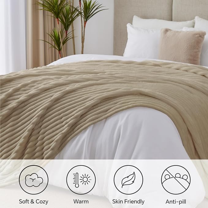 BEDELITE Blankets Queen Size for Bed, 300GSM Soft & Warm Fleece Blanket, Decorative and Giftable Striped Linen Blankets for Women, Men, 90"x90"