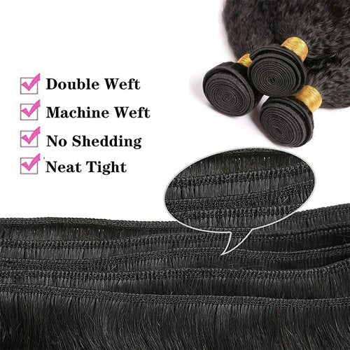 OLFORY Hair Bundles 12A Yaki Kinky Straight Human Hair 3 Bundles 100% Unprocessed Mongolian Virgin Human Hair Kinky Straight Bundles Yaki Hair Natural Color (16 18 20)