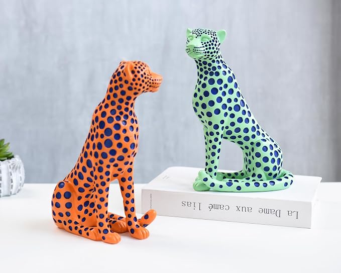 Quoowiit Statues for Home Decor, Modern Sculptures and Statues Decorations for Living Room, Bedroom, Table, Bookshelf, White Resin Leopard Art Decorative Sculpture with Black Polka Dots Design