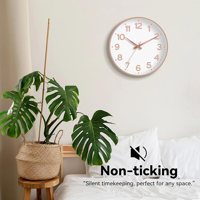 Roymnie Wall Clock 12 Inch Silent Wall Clocks Battery Operated- Modern Non Ticking Analog Clock Decorative for Living Room Bedroom Office Kitchen(White Rose Gold)