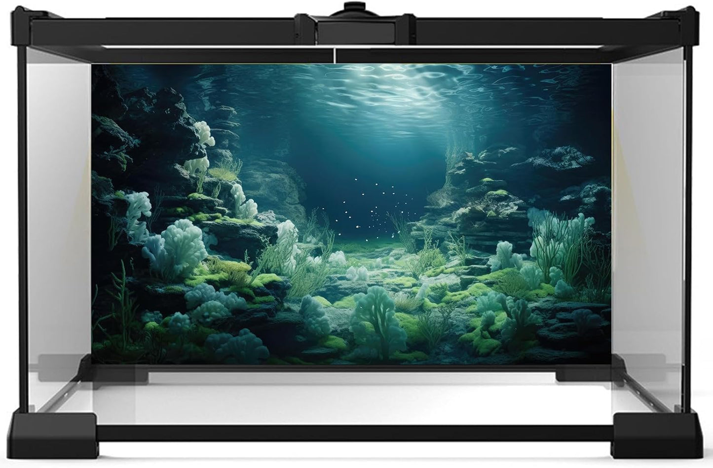 Aquarium Background Underwater Bioluminescent Life Coral Terrarium Backdrop White Coral Lush Moss Fish Tank Background Rock Sunlight Rays Tank Aquarium Wallpaper Poster Vinyl 48x20in