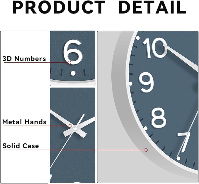 Roymnie Wall Clock 12 Inch Silent Wall Clocks Battery Operated- Modern Non Ticking Analog Clock Decorative for Living Room Bedroom Office Kitchen(Azure Blue)