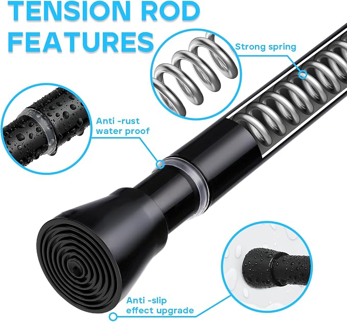 MEXAU 2 Pack Black Shower Curtain Rod 16 To 26 Inch Tension Shower Rod For Bathroom 7/8" Adjustable Spring Curtain Rod No Drilling Spring Rod Black Tension Curtain Rods for Windows Doorway Closet