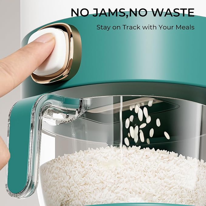 UFORU Rice Dispenser, Rice Storage Container with Measuring Cup for Kitchen Pantry Household, Dry Food Storage Containers Airtight, Sealed Moisture Proof (Green 11 Lbs)