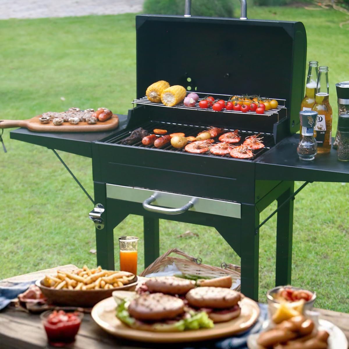 MASTER COOK Charcoal Grill with Two Side Tables, Heavy-duty Steel Barbecue BBQ Grill for Outdoor Picnic Backyard Patio and Parties, 43"*38"*17"