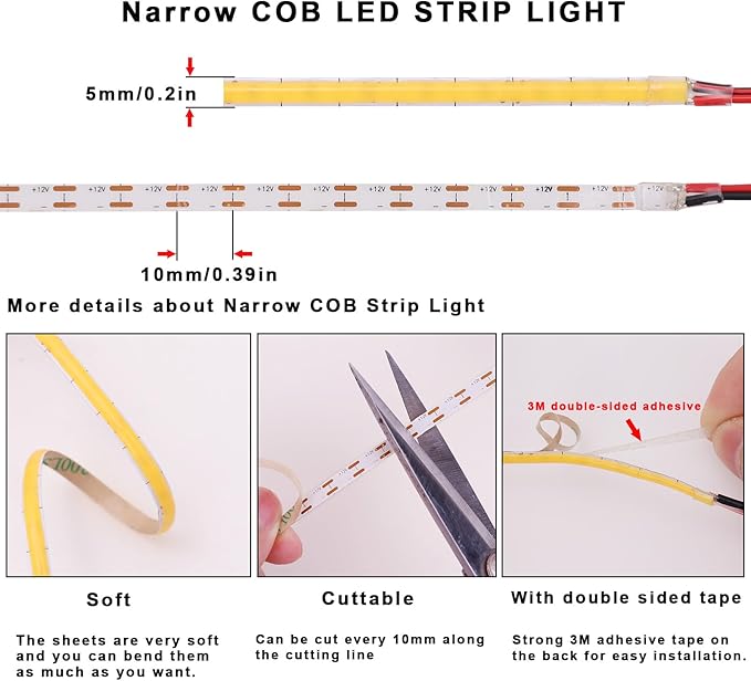 TOPAI 12V Thin 5mm COB LED Strip Light 6000K Cool White 16.4ft Bright 4000Lm CRI>90 Uniform Dotless 400LEDs/M Adhesive Flexible Cuttable LED Tape for DIY, Bedroom, Under Cabinet Lighting
