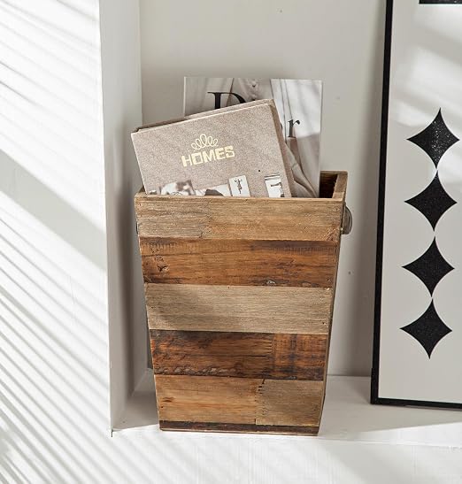 Small Wood Trash Can, Farmhouse Rectangular Garbage Can Waste Basket, Rustic Distressed Reclaimed Wood Wastebasket, Vintage Wooden Trash Recycling Bin Storage Basket with Metal Handles (Natural)