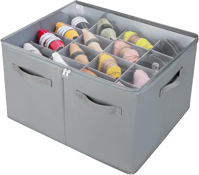 TOPIA HOME Shoe Organizer for Closet, Foldable Shoe Box with Adjustable Dividers and Clear Cover, Space Saving Shoe Storage Organizer Cabinet with Reinforced Handles, Fits 16 Pairs, Gray, TP09G