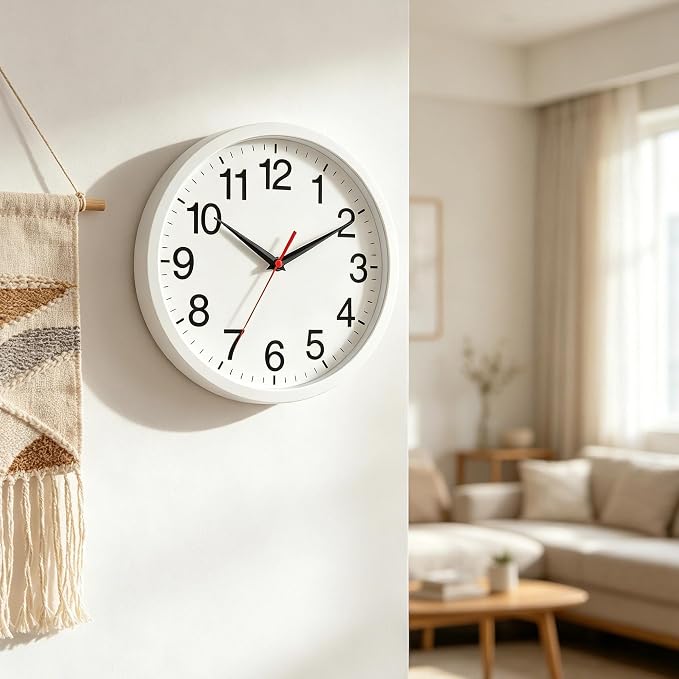 Rohioue Wall Clock Modern 10 Inch Battery Operated Silent Non Ticking Analog Clock Decorative for Bedroom Kitchen Bathroom Office Home (White)