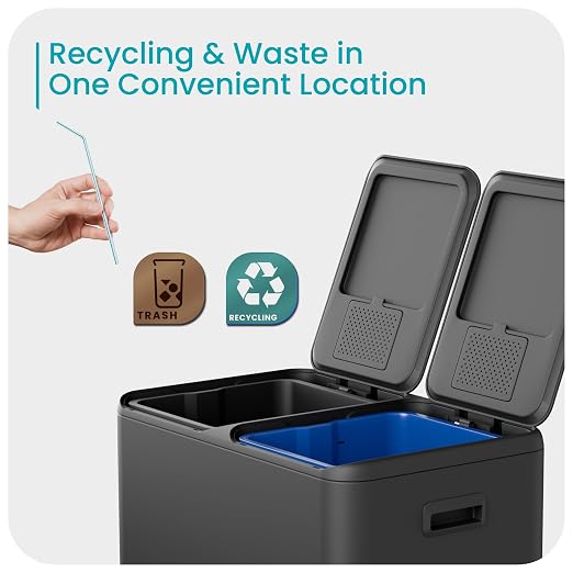 Home Zone Living 16 Gallon Kitchen Trash Can with Dual Compartments for Recycling, Stainless Steel, Matte Black, 60 Liters Total
