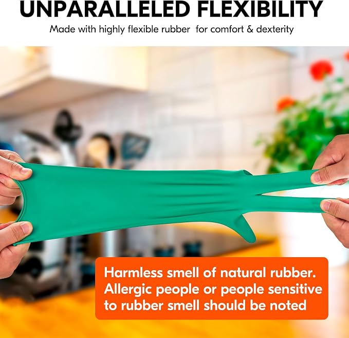 Vgo... 3-Pairs Reusable Household Gloves, Rubber Dishwashing gloves, Extra Thickness, Long Sleeves, Kitchen Cleaning, Working, Painting, Gardening, Pet Care (Size M, Green, HH4601)
