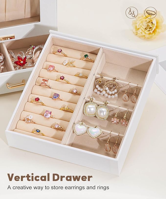 Mothers Day Gifts Homde Jewelry Organizer Girls Women Jewelry Box for Necklaces Rings Earrings Gift Bracelets Storage Case (White + Gold)