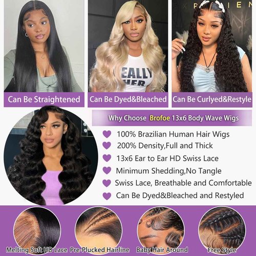 Brofoe 13x6 Lace Front Wigs Human Hair 200 Density Body Wave HD Lace Front Wigs Human Hair Pre Plucked Natural Color Glueless Wigs for Women 16 Inch