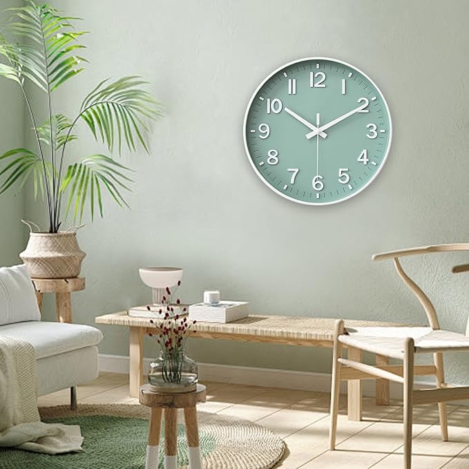 HZDHCLH Wall Clocks Battery Operated,Wall Clock Green,8 inch Wall Clock Silent Non Ticking Modern 3D Numbers for Kitchen Bedroom Living Room Office Classroom Decor