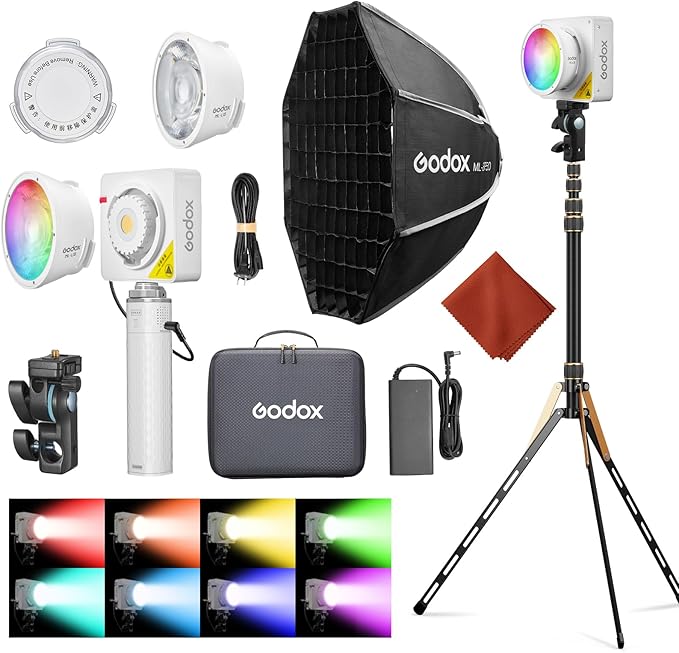 Godox ML100R RGB COB LED Video Light with Battery/Carry Case/Light Stand, Godox Mount 110W Full-Color 1800K-10000K CRI 97+/TLCI 98+ 14 FX Effects Support APP Control for Studio/Live Streaming/Outdoor