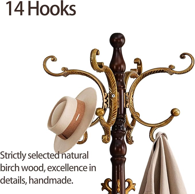 Coat Rack Freestanding, Wooden Coat Tree with Stable Round Base, Vintage Heavy Duty Coat Rack Stand with 14 Hooks, Coat Hanger Stand for Bedroom, Office, Entryway (Vintage)