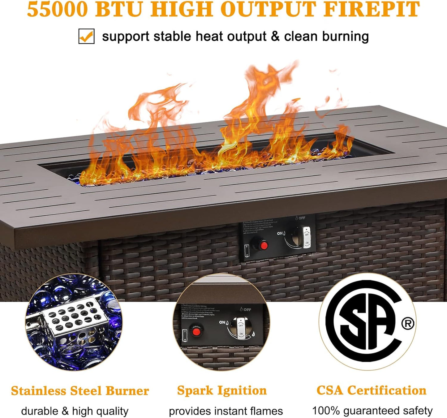 LayinSun 44" Propane Gas Fire Pit Table, 55000 BTU Rectangular Fire Pit with Glass Wind Guard for Outside Patio Deck Garden Backyard Brown-Aluminum Top