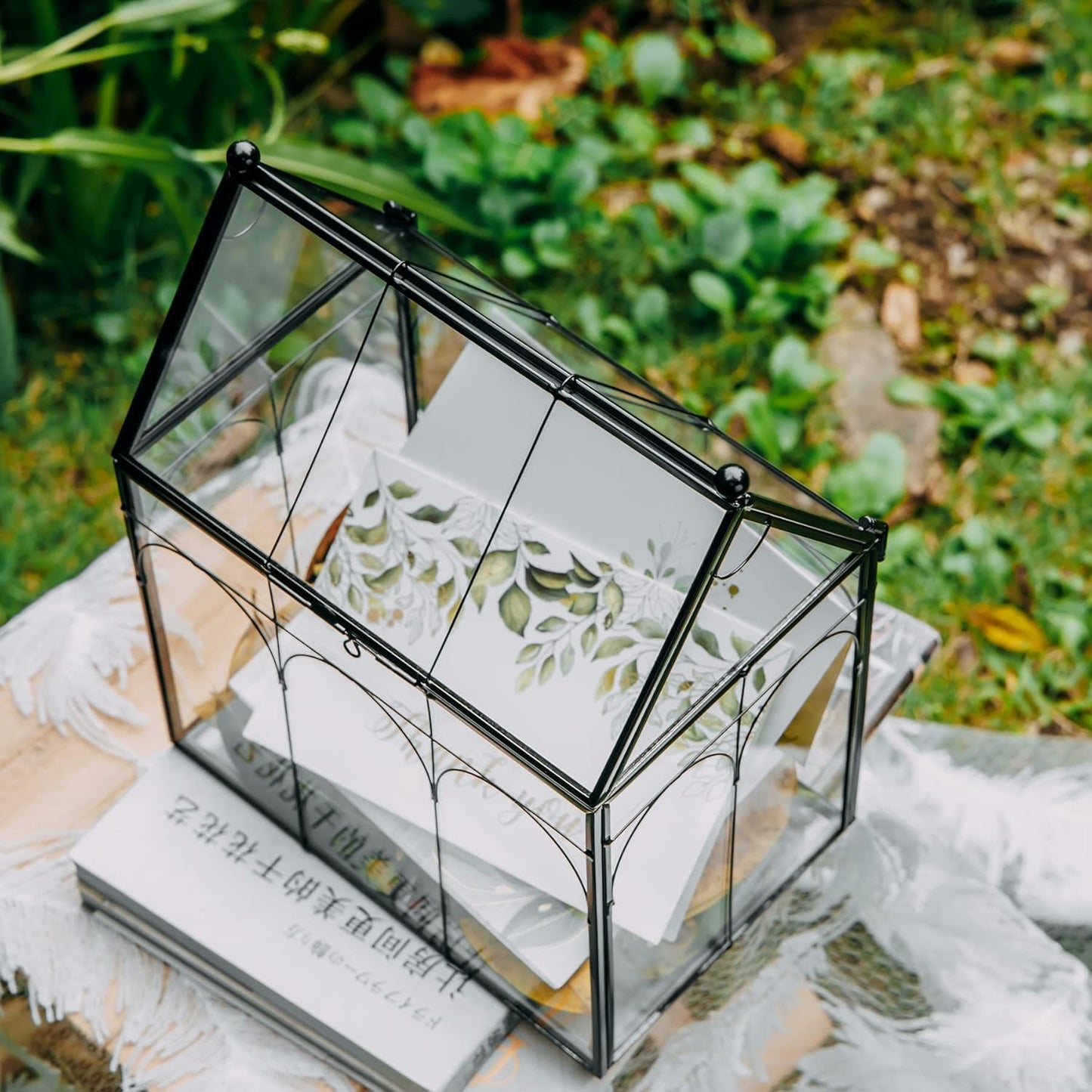 NCYP Glass Terrarium with Lid for Cacti, Succulents, Small Plants - 7.5 x 4.9 x 9 inches Closed Geometric Planter Box - Home Indoor Tabletop House Shape Decorative, Black (Terrarium Only)
