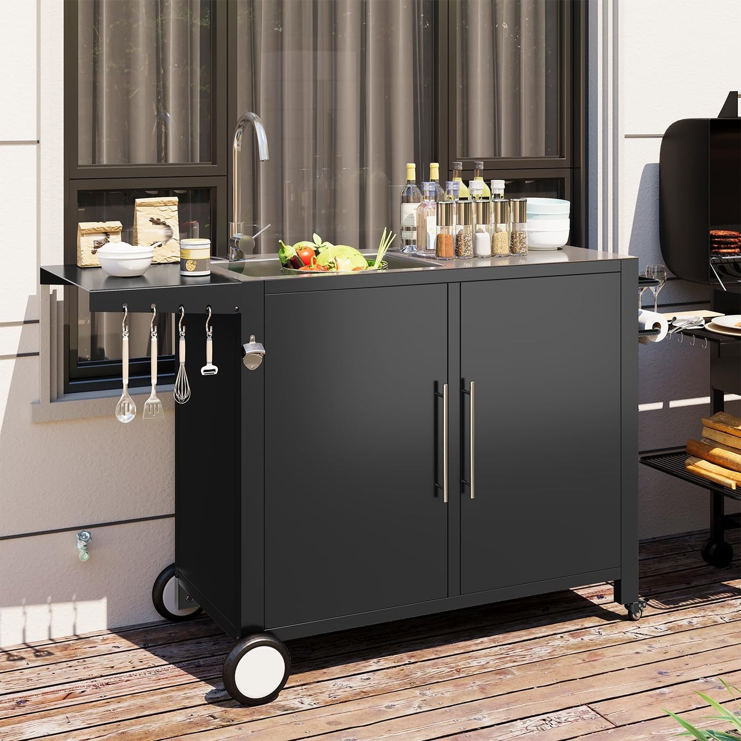 Outdoor Kitchen Sink with Hose Hook up, Stainless Steel Worktable Kitchen Cabinet Island, Grill Prep Table Work Station, Grill Cart for Garden, Backyard and Lawn