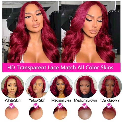 BOSDIOS 13x6 Burgundy Lace Front Wigs Human Hair Red 99J Body Wave Transparent Lace Frontal Wig Human Hair for Black Women Colored Wine Red Wig 180% Density Glueless Pre Plucked With Baby Hair(30in)