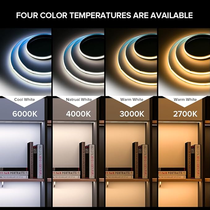 16.4FT DC12V COB LED Strip 6000K Cool White 320LEDs Flexible High Density Uniform Bright Light Strip 9W/m, CRI90+ Dimmable LED Light for DIY Kitchen Bedroom Home Decor, No Power and Controller