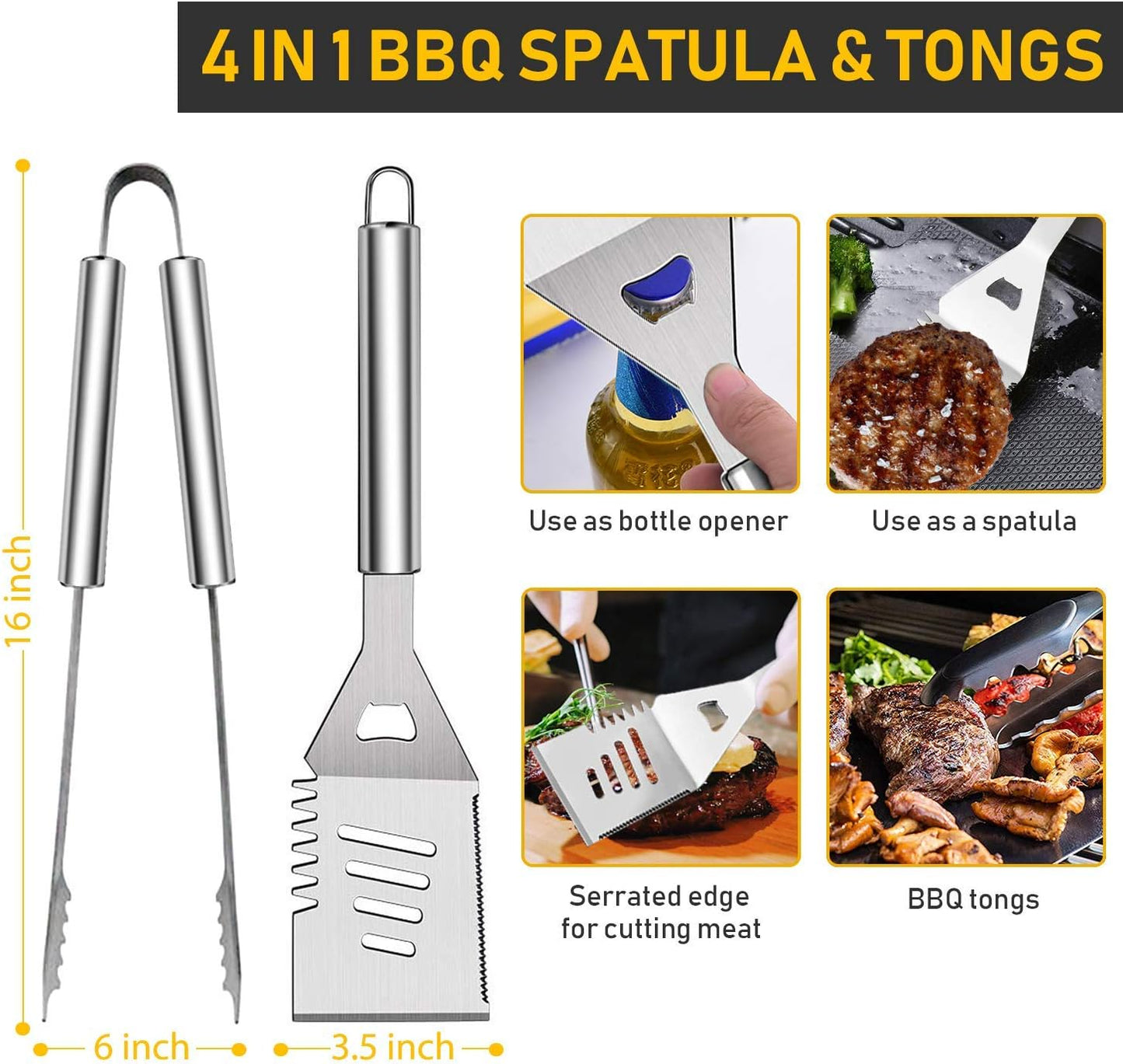 34Pcs Grill Accessories Grilling Gifts for Men, 16 Inches Heavy Duty BBQ Accessories, Stainless Steel BBQ Tools with Thermometer, Grill Mats for Backyard, BBQ Set for Men Women