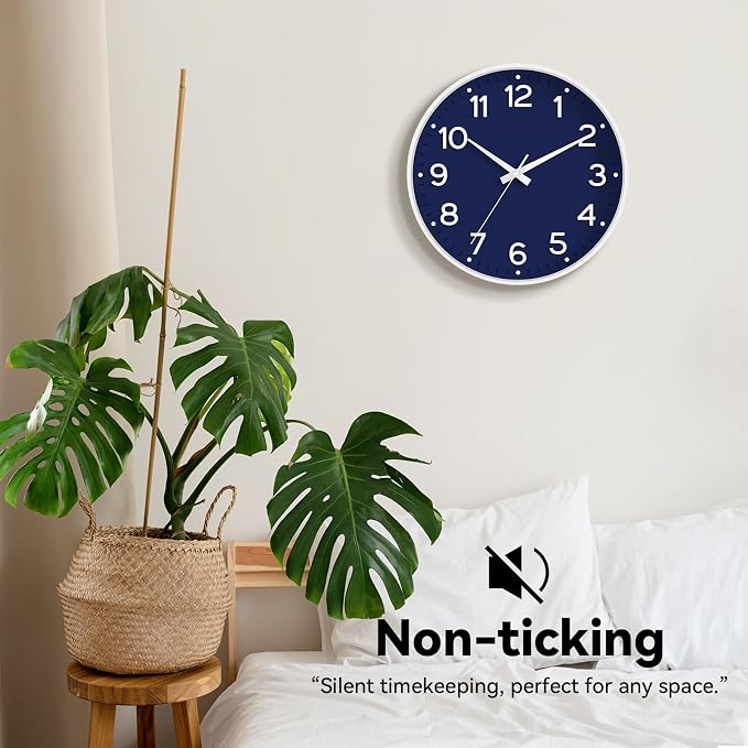 Roymnie Wall Clock, 10 Inch Silent Wall Clocks Battery Operated-Modern Non Ticking Analog Clock Decorative for Kitchen Bedroom Office Bathroom(Navy Blue)