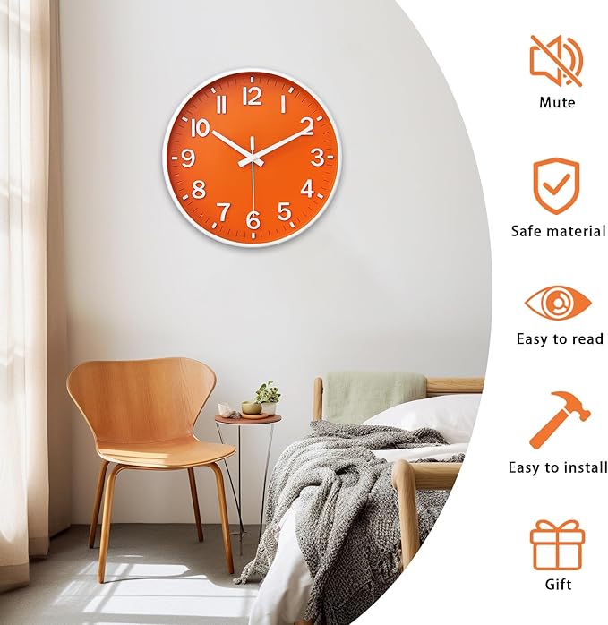 HZDHCLH Wall Clocks Battery Operated,Wall Clock Orange,12 inch Wall Clock Silent Non Ticking Modern 3D Numbers for Kitchen Bedroom Living Room Office Classroom Decor