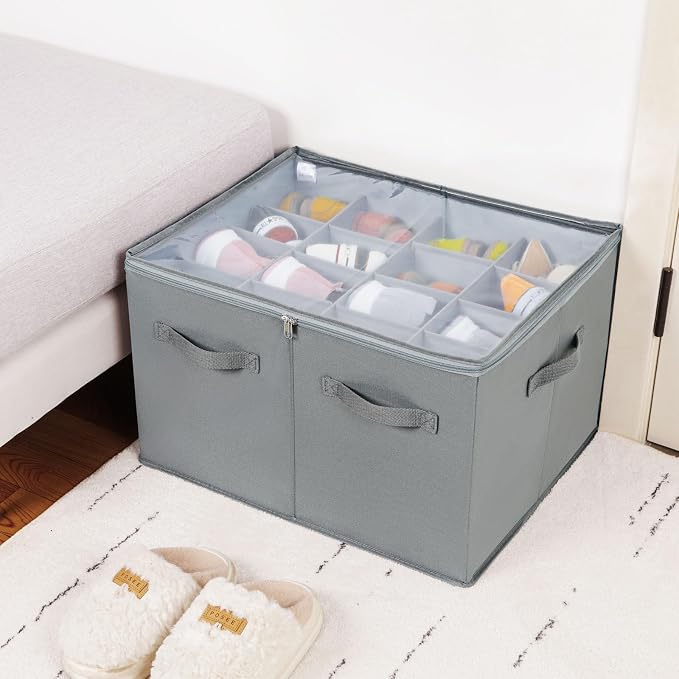 TOPIA HOME Shoe Organizer for Closet 2 Pack, Foldable Shoe Box with Adjustable Dividers and Clear Cover, Space Saving Shoe Storage Organizer Cabinet with Reinforced Handles, Fits 32 Pairs, Gray, TP12G