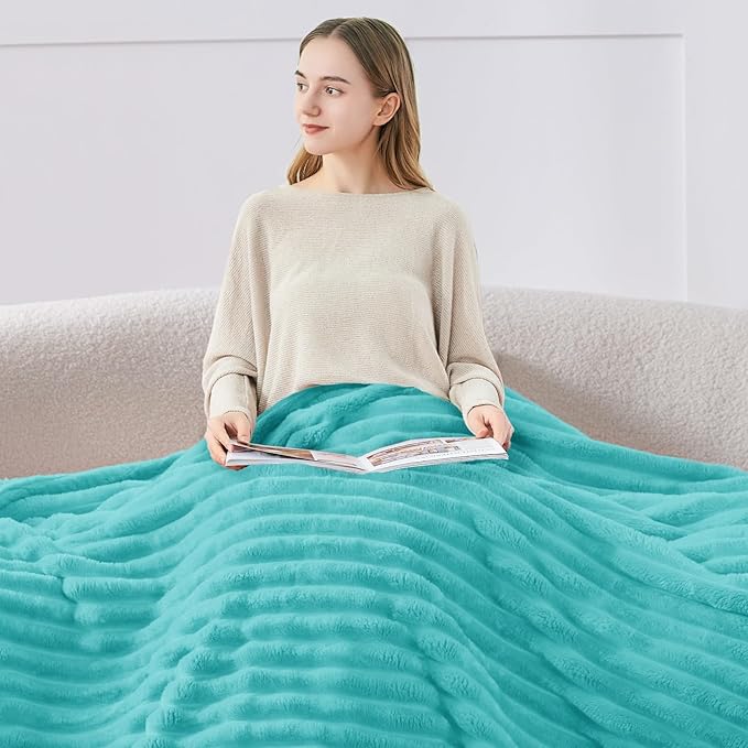 BEDELITE Twin Blanket for Couch & Bed, 300GSM Soft & Warm Fleece Blanket, Decorative and Giftable Striped Aqua Blankets for Women, Men, 60"x80"