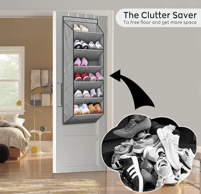 SLEEPING LAMB Shoe Rack for Door with Large Deep Pocket, Over The Door Shoe Organizer for Closet, Dorm and Narrow Hanging Sneaker Storage Holder, Grey