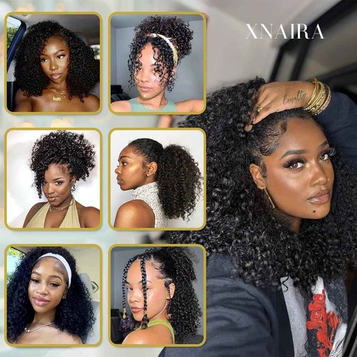 XNAIRA Kinky Curly Half Wig Human Hair 3 In 1 Seamless Flip Over Half Wigs Drawstring Curly Half Wigs for Women Human Hair Glueless Wear and Go Half Up Half Down Headband Wig Human Hair