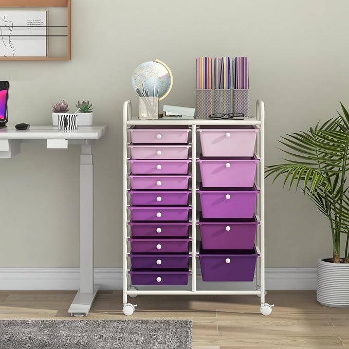 Giantex 15 Drawers Rolling Cart, Classroom Organizers, Storage Cart with Wheels, for Teacher Office Home School Supplies Tool Craft Art Paper, Purple Gradient