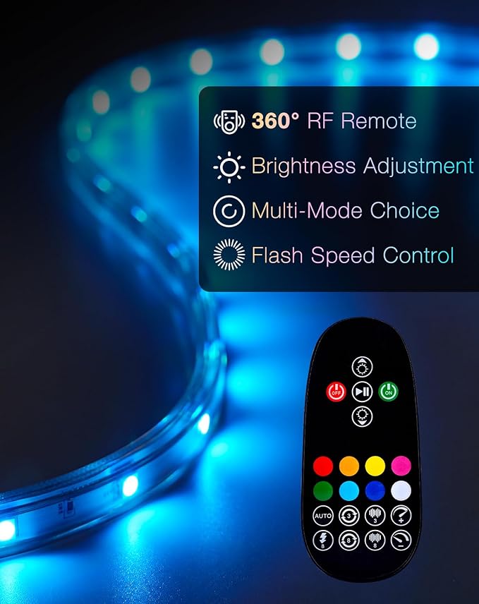 Shine Decor 120V RGB LED Strip Light Remote Control, Cold Resistant IP65 Waterproof Outdoor Strip Lighting Color Changing, Connectable Lite Multicolor Lighting Strip 7x13mm, 65 FT 600 LEDs ETL Listed