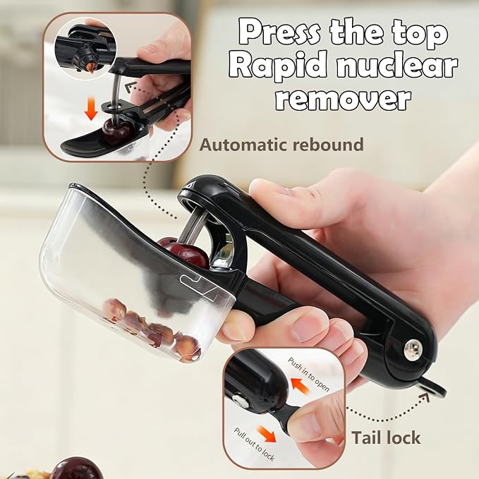 Cherry Pitter Tool, Stainless Steel Cherry Pitter with Built-in Pit Catcher - Food Grade ABS & Steel Core Remover, Ergonomic Grip, Safety Lock, Dishwasher Safe