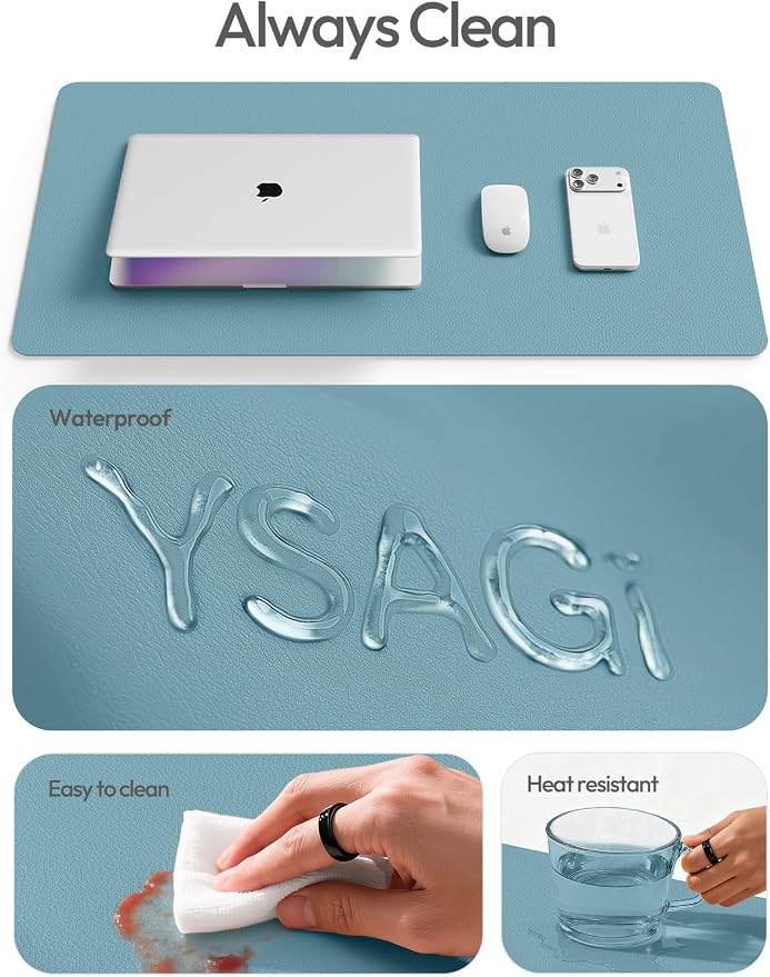 YSAGi Leather Desk Protector, Office Mat, Large Mouse Mat, Non-Slip PU Leather Blotter, Laptop Desk Mat, Waterproof Writing Pad for Office and Home(Aquamarine, 63" x 17.2")