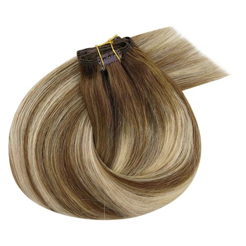 Ve Sunny Clip in Hair Extensions Brown Human Hair Clip in Extensions for Women Clip in Extensions Real Human Hair Chestnut Brown Balayage Platinum Blonde Easy to Wear 7pcs 20inch 120g