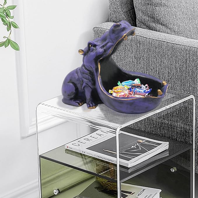 aboxoo Hippo Statue Home Resin Hippopotamus Figurine Fun Candy Dish,Key Bowl,Big Mouth Sculpture Table Art Decoration Sundries Container Storage Box (Purple)