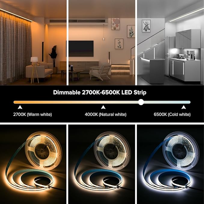 BTF-LIGHTING IP66 FCOB CCT COB LED Strip Tunable 2700K-6500K DC12V 2X16.4FT Total 32.8FT 640LED/m CRI 90+ Flexible High Density LED Light Black PCB for Indoor Decor(No Adapter or Controller)