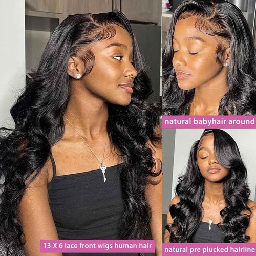 BEEKERKER 13x6 Body Wave Lace Front Wigs Human Hair Pre Plucked 200% Density HD Transparent Lace Frontal Wigs Human Hair With Baby Hair Natural Black 20 Inch