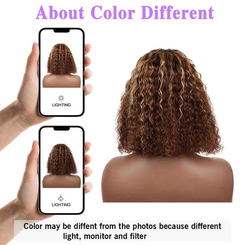 Punmasa 14 Inch Bob Wig Human Hair Highlight Ombre 13x6 lace front wig human hair 200% Density Real Human Hair Pre Plucked Deep Curly Short Bob Wigs for Women 4/27