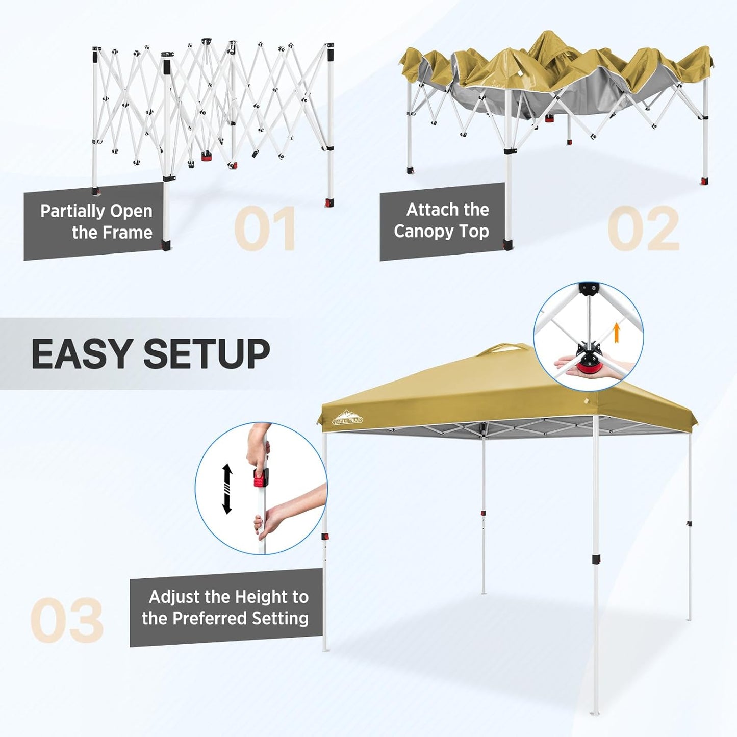EAGLE PEAK Pop Up Canopy Tent with Wheeled Carry Bag, 8 Stakes, 4 Ropes, Easy Set Up Tent Canopy, 8x8 ft, Beige