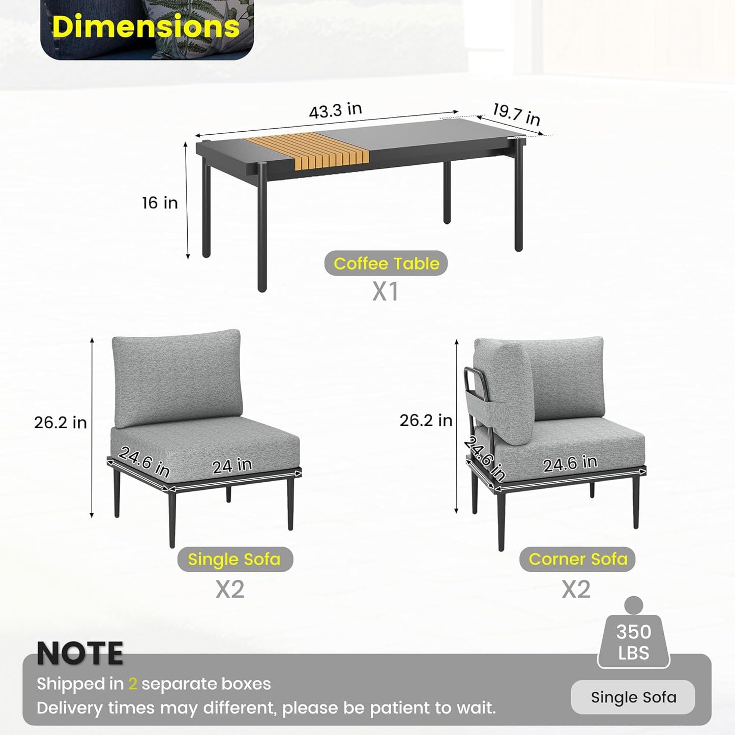 Sundale Outdoor 5 Pieces Metal Patio Furniture Set, Outdoor Sectional Sofa w/6 Inch Olefin Cushion and Coffee Table, Modern Outdoor Conversation Sets