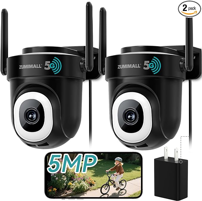 ZUMIMALL 2K Wired Outdoor Camera, 2.4G/5G WiFi Security Camera, 3MP, 24/7 Recording, AI Motion Detection, Cloud & SD Card Storage, 2-Way Audio, 360° PTZ Auto Tracking, Work with Alexa - 2-Pack, Black