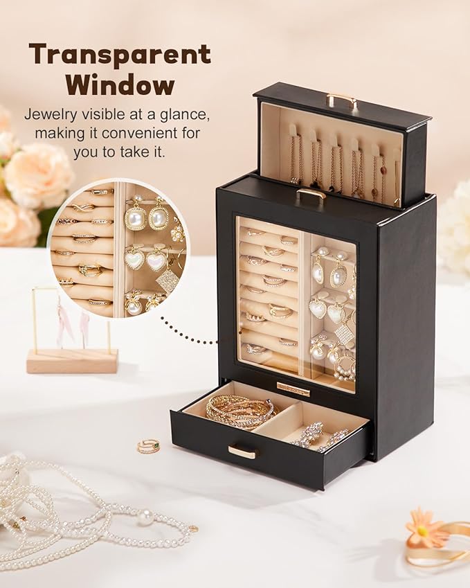 Homde Mothers Day Gifts Jewelry Organizer Box for Women Girls Necklaces Rings Earrings Bracelets Storage Case (Black + Gold)
