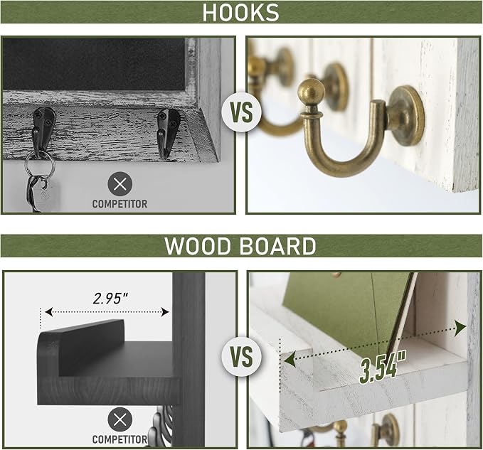 Rebee Vision Key Holder for Wall - Decorative Mail Organizer Wall Mount with 5 Key Hooks for Modern Farmhouse Apartment Essentials - Home Decor for Living Room (Rustic White, 3.54"D x 10"W x 7.28"H)